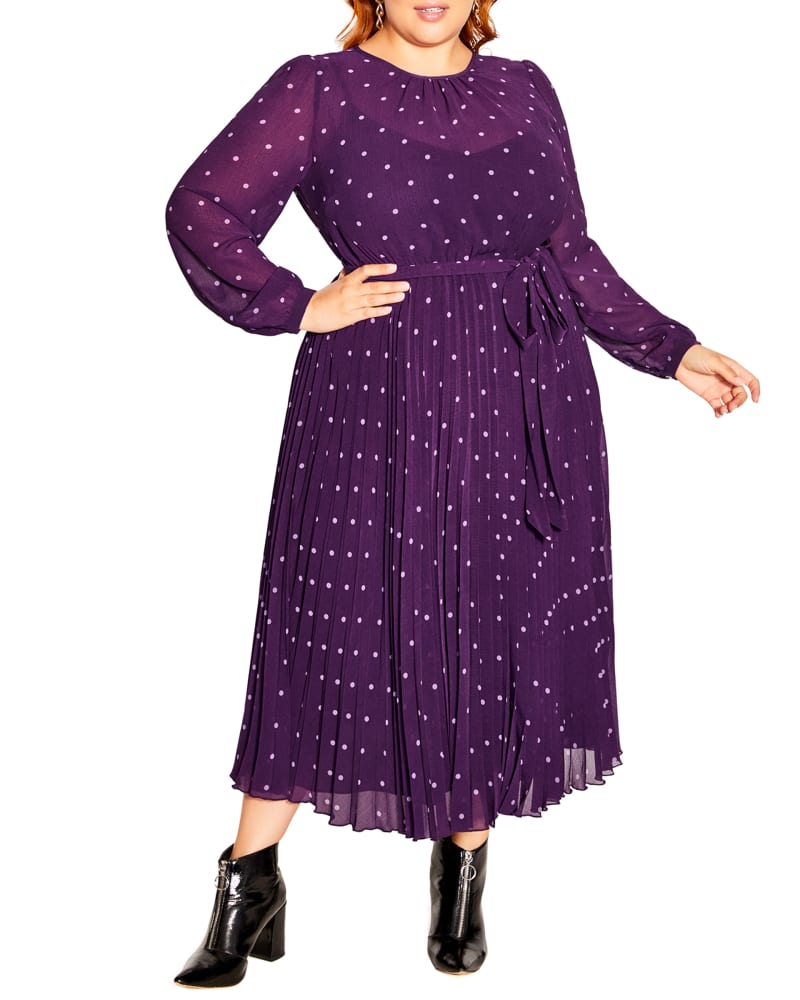 Front of a model wearing a size XXS Bella Polka Dot Dress in Petunia/Lilac Spot by City Chic. | dia_product_style_image_id:234418